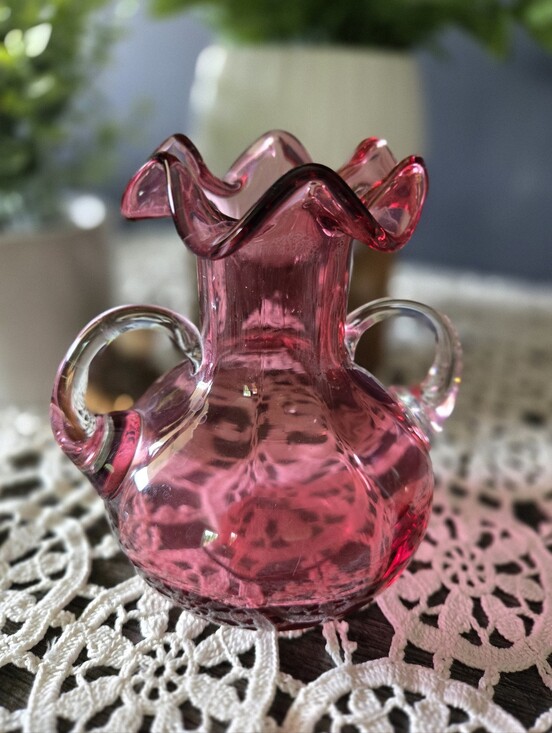 Other - Cranberry Pink Art Glass Ruffled Vase with Applied Clear Handles